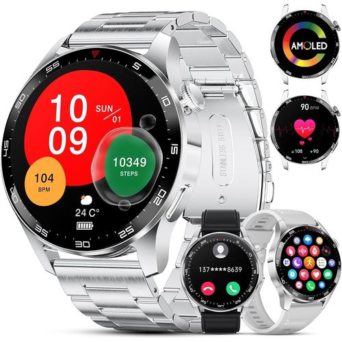 Kyaoayo-Montre Connecte Homme (3 Bracelets) - Montre Intelnte Amoled 1,43'' Avec Appel Bluetooth/Frquence Cardiaque/Sommeil/Spo2/400 Mah/100 + Mode Sportifs Smartwatch Pour Android Ios Argent