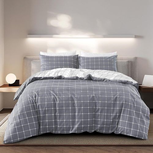Kyaoayo-Parure De Lit 135 X 200 Cm - En Coton - Gris - Motif  Carreaux - Design EsthTique - RVersible - Avec Fermeture Clair - Tissu Doux De Qualit Pour L'T Et L'hiver (C, 135 X 200 Cm + 80 X