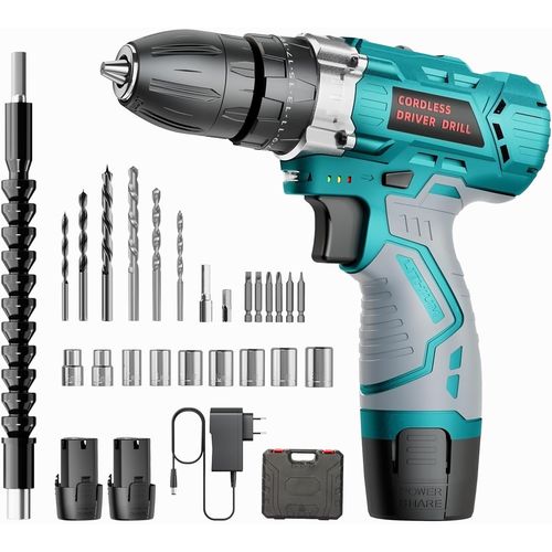 Kyaoayo-Power Perceuse Visseuse Sans Fil 12v, Perceuse Visseuse Devisseuse Sans Fil, 24 Accessoires, 25+3 Rglages De Couple, 2 Vitesse, Lumires Led, 2000mah Batteries *2