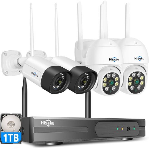 Kyaoayo-Ptz+5mp Kit Camra De Surveillance Wifi Extrieure,20m Vision Nocturne Colore, Kit Vido Surveillance 10ch Nvr 1to Hdd Et 4x5mp Camra, Dtection Mouvement,Audio 2 Voies,Alarme Son Lumieuse