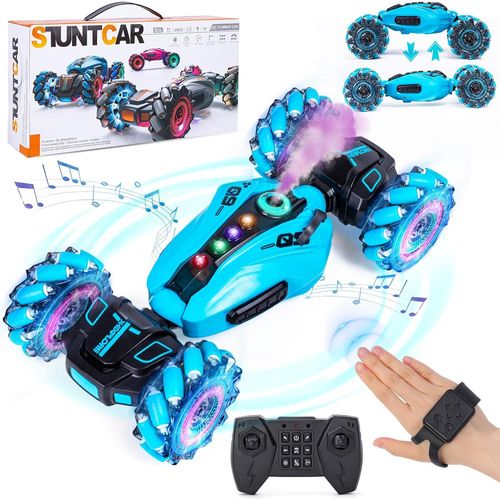 KYAOAYO-Voiture Tlcommande Enfant, 4X4 Voiture Contrle Gestuel Tout Terrain Rotation  360 Avec Spray, Musique Et Led Jouet Enfant 6 7 8 9 10 Ans Cadeau Garon, Bleu