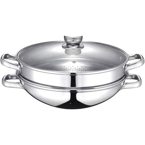 Kyaoayo-Wok & Wok Vapeur 2-En-1 - Acier Inoxydable - Tous Feux Dont Induction - Couvercle En Verre Avec Bords Inox Et Trou Vapeur - Avec Lgumier Et Panier - Poignes En Mtal - 32cm