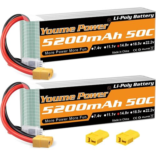 KYAOAYO-Youme Batterie Lipo 4S 5200 Mah, 14,8 V 50C Xt60 Avec Connecteur Deans T Pour Voiture Rc, Camion Rc, Truggy Rc, Avion Rc Uav Drone Fpv (2 Paquets)