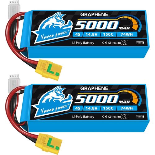 Kyaoayo-Yowoo 4s Lipo Batterie 5000mah 14.8v 150c Rc Batterie Graphne With Xt90s Connecteur Pour Fpv Racing Drones Vlo De Route Quadcopters Avion Hlicoptre Rc Bateau Rc Voiture (2 Paquets)