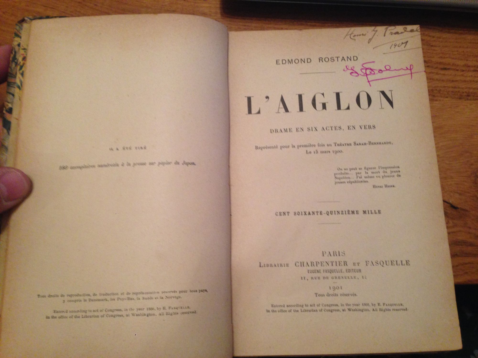 L Aiglon Drame En Six Actes En Vers Represente Pour La Premiere Fois Au Theatre Sarah Bernhardt Le 15 Mars 1900 Rakuten