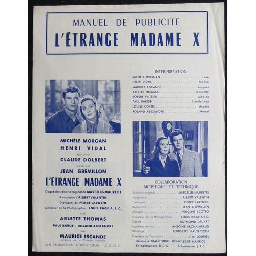 L'etrange Madame X Film 1950 R?alis? Par Jean Gremillon Interpr?t? Par Henri Vidal Et Michele Morgan Maurice Escande - Manuel De Publicit? - 4 Pages - Chaque Page 31x24 Cm