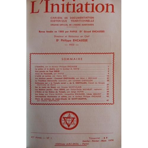 L' Initiation, Cahiers De Documentation Esoterique Martiniste Graal Le Temple Paracelse Kabbalistes   de Philippe Encauste Papus  Format Cartonn 