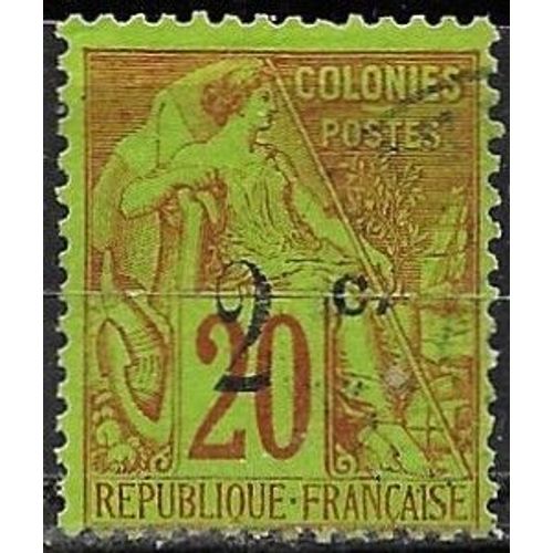 La Runion, Colonie Franaise 1893, Beau Timbre Classique Yvert 45a, Type Alphe Dubois 20c. Brique Sur Vert, Surcharg "2c." - Surcharge Type 2, Oblitr, Tbe.