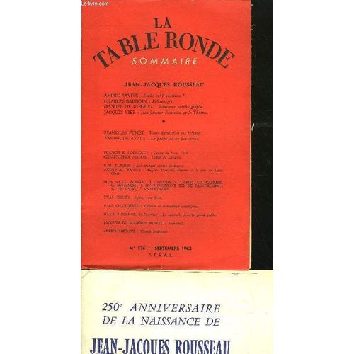 La Table Ronde N 176 + Bandeau diteur - Jean-Jacques Rousseau.Andre Ravier : Emile Est-Il Chrtien ?Charles Baudoin : Plerinages.Manuel De Dieguez : Rousseau Autobiographe.Jacques Vier : ...