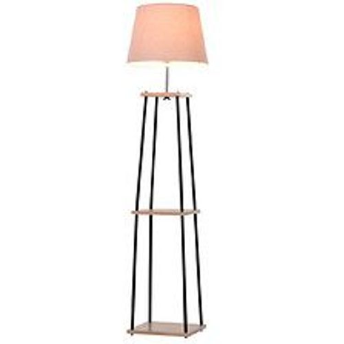 Lampadaire Design Contemporain Dim. 40l X 40l X 160h Cm 40 W Max. 3 tagres Intgres Bois Massif Caoutchouc Mtal Noir Lin Beige