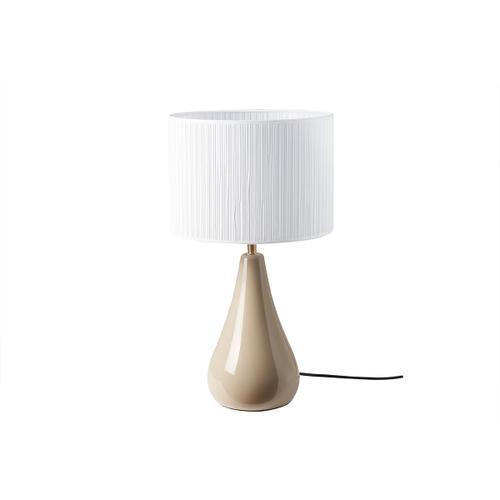 Lampe  Poser Taupe En Cramique Brillante Et Abat-Jour En Tissu Pliss Blanc H49 Cm Troia
