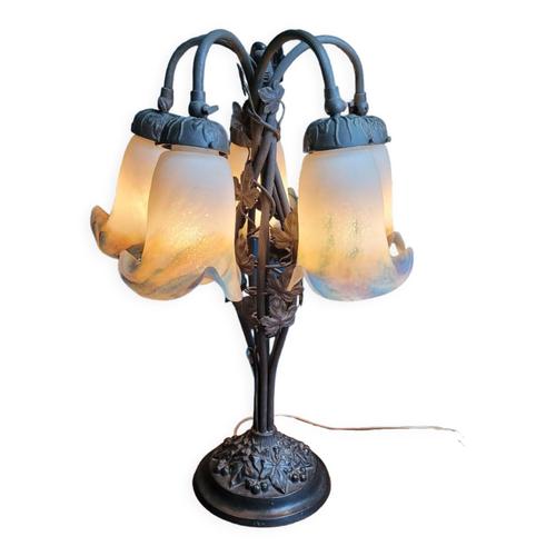Lampe Art Dco 5 Globes Pate De Verre Et Bronze Feuilles Mtal Sign Noir