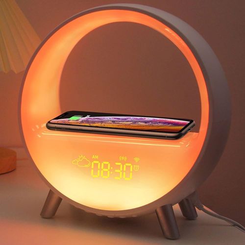 Lampe D'ambiance Avec Chargeur Sans Fil, 2024 Nouvelle Lampe De Table Led Intelligente, Haut-Parleur Bluetooth Intensit Variable, Veilleuse Musique Alarme Horloge Mto, Contrle Par Application