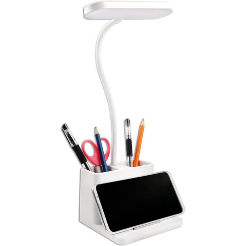 Lampe De Bureau Led 5w, 3 Modes Dclairage Et 3 Luminosit Rglable, Usb Lampe De Bureau Pour Enfants Rechargeable, Col De Cygne Flexible, Avec Porte-Stylo Et Support Pour Tlphone Portable, Blanc