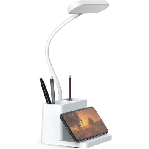 Lampe De Bureau Led Avec Porte-Stylo, Lampe De Bureau Axx Pour Ordinateur/Bureau - Blanc, Rechargeable, Soin Des Yeux, Col De Cygne Flexible - Lampe De Table De Chevet Pour La Lecture, Petite Lampe D'tude Pour Enfants, Maison, Bureau, Dortoir