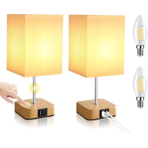 Lampe De Chevet Chambre Tactile Avec 3 Niveaux De Luminosit,Lampes De Table Led Avec Fonction De Recharge Ports Usb Et Type C,Lampes Lot 2 Avec Grain De Bois,Ampoules E14 Blanc Chaud