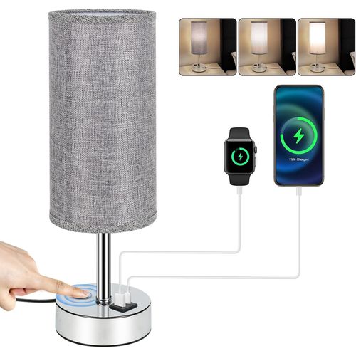 Lampe De Chevet,Lampe De Chevet Tactile  Intensit Variable,Lampe De Table Pour Chambre  Coucher,quipe D'un Port De Charge Usb-C+A Et D'une Ampoule,Abat-Jour En Lin. (Abat-Jour