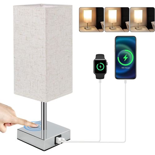Lampe De Chevet, Lampe De Chevet Tactile  Intensit Variable, Lampe De Table Pour Chambre  Coucher, quipe D'un Port De Charge Usb-C+A Et D'une Ampoule, Abat-Jour En Lin. Abat-Jour Carr