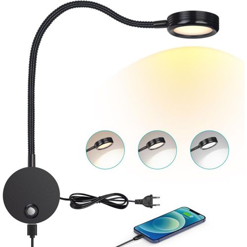 Lampe De Lecture Murale, Lampe De Chevet Led Chambre Applique Avec Bouton Tactile Lumire Rglable 3000k-6000k, 4w 360 Lampe Col De Cygne Flexible Avec Port De Charge Usb, Noir