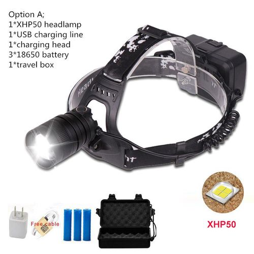 Lampe Frontale  Led Avec Puce Xhp70 Xhp50, Zoom, Alimente Par 3 Piles 18650, 40w