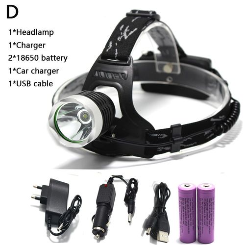 Lampe Frontale tanche, 3 Modes De Lampe Frontale, Lampe Torche + 2 Piles Phare Led X Xml-T6 + Chargeur, 18650 Lm
