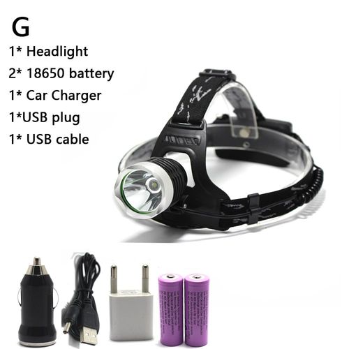Lampe Frontale tanche, 3 Modes De Lampe Frontale, Lampe Torche + 2 Piles Phare Led X Xml-T6 + Chargeur, 18650 Lm