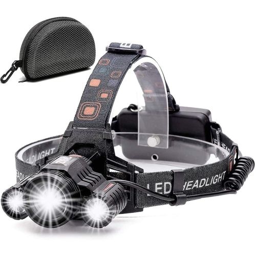Lampe Frontale Led Rechargeable, Puissante Lampe Torche 10 000 Lumens, 4 Modes, 3 Led Cree Xml-T6, Zoomable, tanche, Avec Cble Usb Et 2 Piles