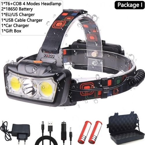 Lampe Frontale T6 + Cob, Alimente Par 2 Piles 18650, Idale Pour Le Camping