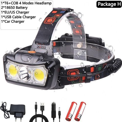 Lampe Frontale T6 + Cob, Alimente Par 2 Piles 18650, Idale Pour Le Camping
