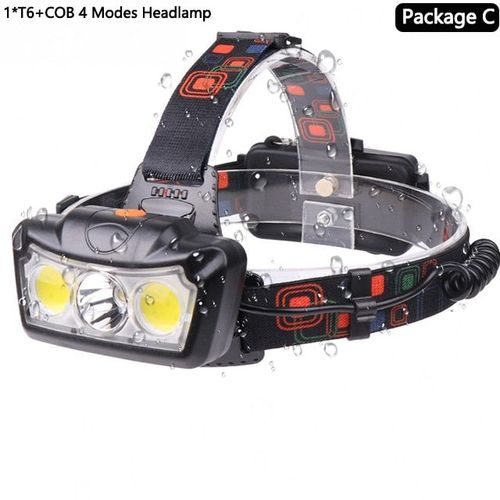 Lampe Frontale T6 + Cob, Alimente Par 2 Piles 18650, Idale Pour Le Camping