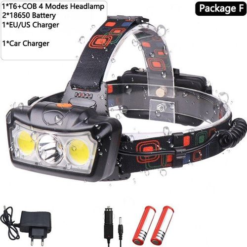 Lampe Frontale T6 + Cob, Alimente Par 2 Piles 18650, Idale Pour Le Camping