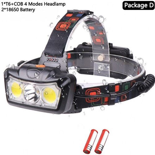 Lampe Frontale T6 + Cob, Alimente Par 2 Piles 18650, Idale Pour Le Camping