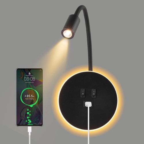 Lampe Led Col De Cygne, 9w+3w Lampe De Lecture  Col De Cygne Avec Interrupteur Et Chargeur Usb, 360 Applique Murale Col De Cygne Mural Pour Chambre  Coucher (Noir)
