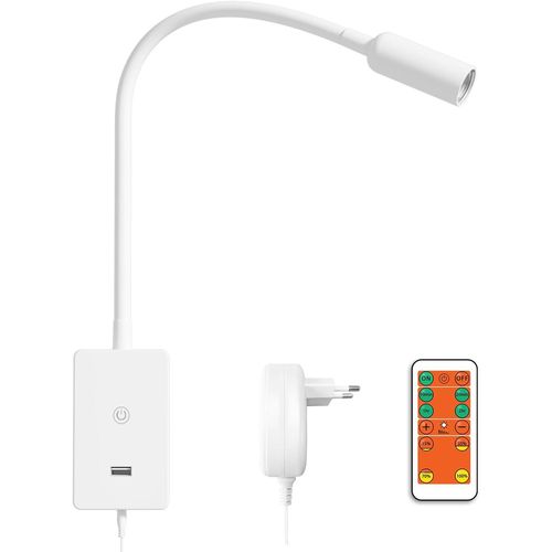 Lampe Murale  Spot Pour La Lecture, Lampe De Lecture  Intensit Variable Par Toucher, Applique Murale Led Pour Lit Avec Port De Charge Usb 2a, Lampe Col De Cygne Avec Tlcommande