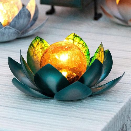 Lampe Solaire D'extRieur (1 Paquet), Globe En Verre Craquel, DCoration Lotus, Led Solaires Tanches En MTal Bleu Pour Terrasse, Pelouse, AllE, Table
