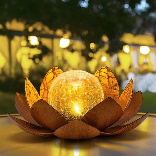 Lampe Solaire D'extRieur (1 Paquet), Globe En Verre Craquel, DCoration Lotus, Led Solaires Tanches En MTal Bleu Pour Terrasse, Pelouse, AllE, Table, Imitation Rouille