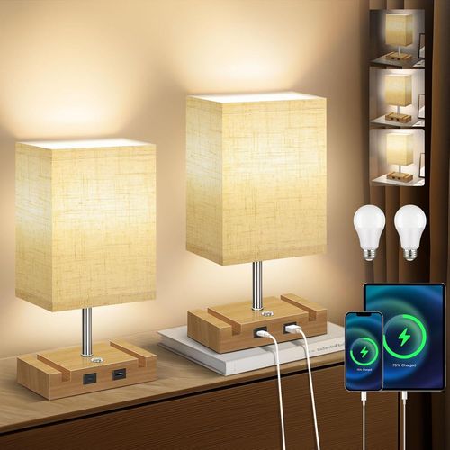 Lampes De Table 2er Set Lampe De Table Avec Connecteurs Usb A + Type-C 2 Ampoules Ledlampe De Table Moderne Avec Abat-Jour Lin Pour Salon, Bureau (Couleur Bois).[G1263]