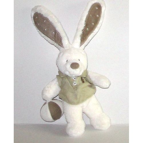 Lapin Blanc Interieur Oreilles Marron Brods Etoile Avec Ballon Pouet Pouet A Sa Main Gauche Doudou Pommette Eveil