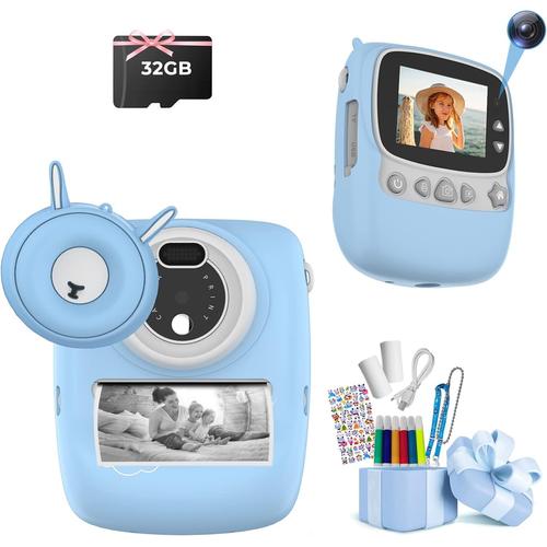 Lapin Bleu Appareil Photo Pour Enfants, 30mp 1080p Appareil Photo Instantan Camera Pour Enfants Impression Photo Noir Et Blanc,