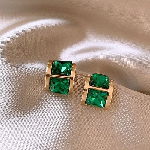 Lats  Boucles D'oreilles  Strass Carrs Pour Femmes, Plaqu Or, Vert, Lger, Luxe, Nouveau Design, Mode Corenne, Bijoux Pour Filles