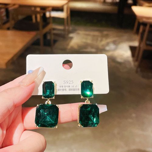 Lats  Boucles D'oreilles  Strass Carrs Pour Femmes, Plaqu Or, Vert, Lger, Luxe, Nouveau Design, Mode Corenne, Bijoux Pour Filles