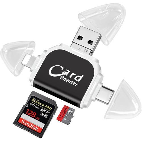 Lecteur De Carte Sd, 4 En 1 Multi-Ports Universel Lecteur De Carte Mmoire Sd Tf, Usb/Usb C/Light-Ning Vers Carte Sd Adaptateur Carte De Camra Sd, Lecteur Sd Compatible Avec Iphone, Android