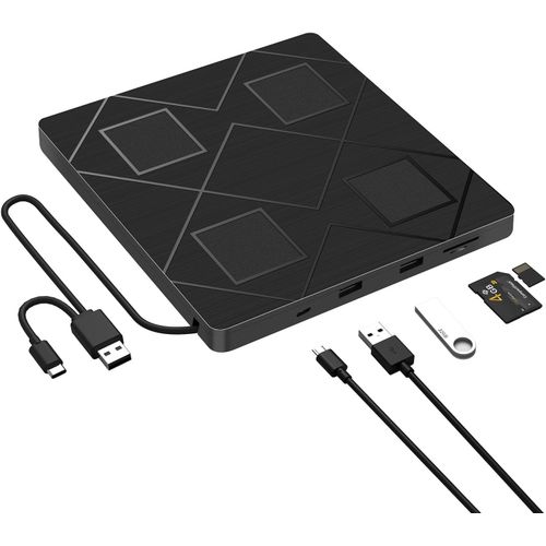 Lecteur Et Graveur Cd/Dvd Externe,Usb 3.0 Et Type-C,Avec Fente Carte Sd/Tf Et 2 Usb,5 En 1,Pour Windows 7/8/10/11/ Vista/Xp/Mac Os,Laptop,Desktops,MacbookPc