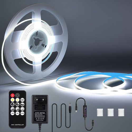 Led Light Avec Lumire Blanche 3m,12v 6000k Dimmable Cob Led Light Band 3mm De Large,384led/M Bande Lumineuse Flexible Avec Alimentation Et Tlcommande Rf Pour La Dcoration De Salon