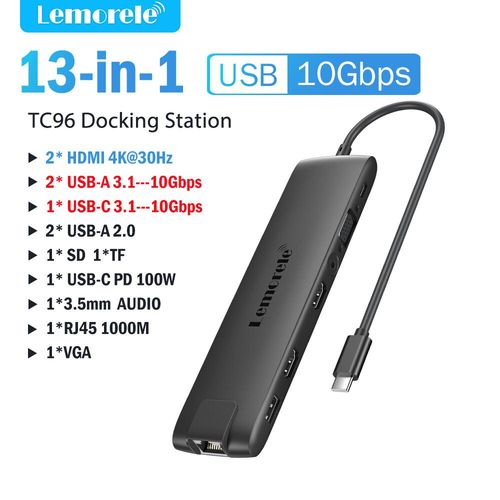 Lemorele TC96 USB Hub USB 3.1 Station d'accueil USBC vers double HDMI 4K 10Gpbs type-c adaptateur VGA USBC 3.1 Gigabit Ethernet pour Mac Win - Type 13-in-1 Dock