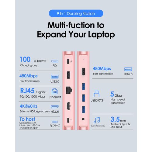 Lention-Station d'accueil USB C,Type C vers HDMI,4K 60Hz,104M,B,Lecteur SD et TF 3.0,Macbook Pro,Air,iPad Periphorganisateur,RJ45,1000M,S6 - Type D53s Pink