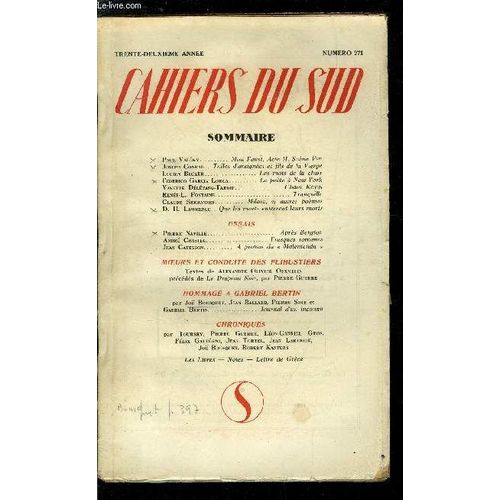 Les Cahiers Du Sud N 271 - Mon Faust, Acte Ii, Scne Vme Par Paul Valry, Toiles D Araignes Et Fils De La Vierge Par Joseph Conrad, Les Mots De La Chair Par Lucien Bercker, Le Pote A New York Par(...)   de COLLECTIF 