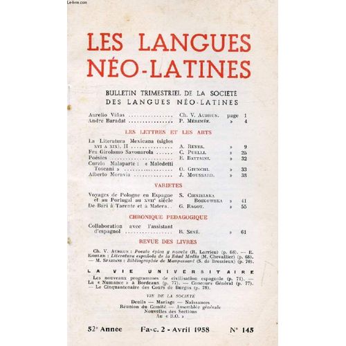 Les Langues Neo-Latines, 52e Annee, N 145, 1958 (Sommaire: Aurelio Vinas, Ch. V. Aubrun. Andr Baradat, P. Mrime. Les Lettres Et Les Arts. La Literatura Mexicana (Siglos Xvi A Xix), Ii ...   de COLLECTIF  Format Broch 