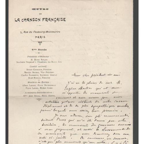 Lettre Manuscrite Imprime  En-Tte Oeuvre De La Chanson Franaise Signe Par Ernest Chebroux