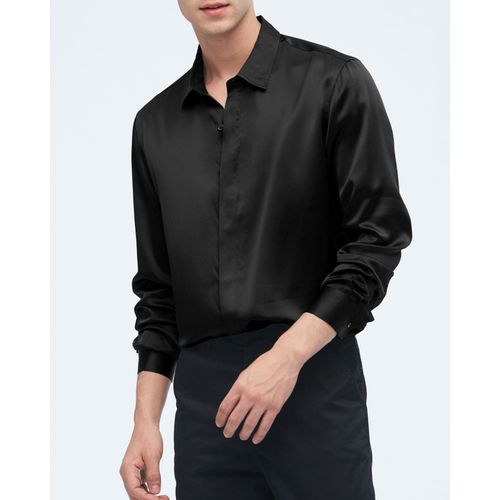 Lilysilk Chemise En Soie Noir Homme Noir Design De Patte Dissimule, Bouton En Nacre 100% Soie Naturelle Sr Et Non Toxique Chemise S